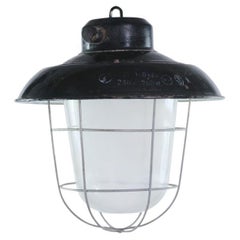 European Enamel Steel Industrial Pendant Cage Light Frosted Glass Shade