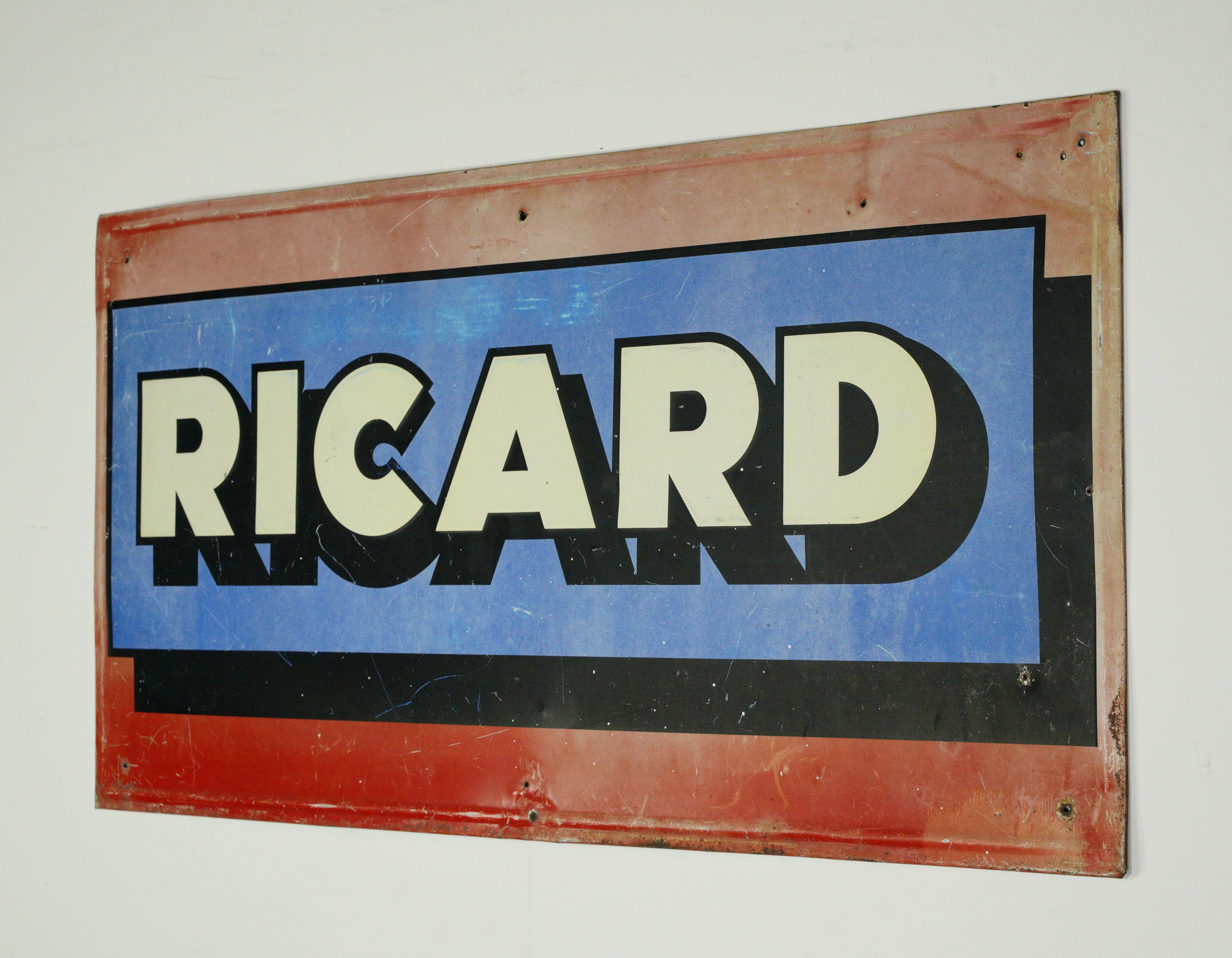 Blue red and white Ricard steel sign coated in enamel. Good condition with appropriate wear from age. One available. Please note, this item is located in one of our NYC locations.