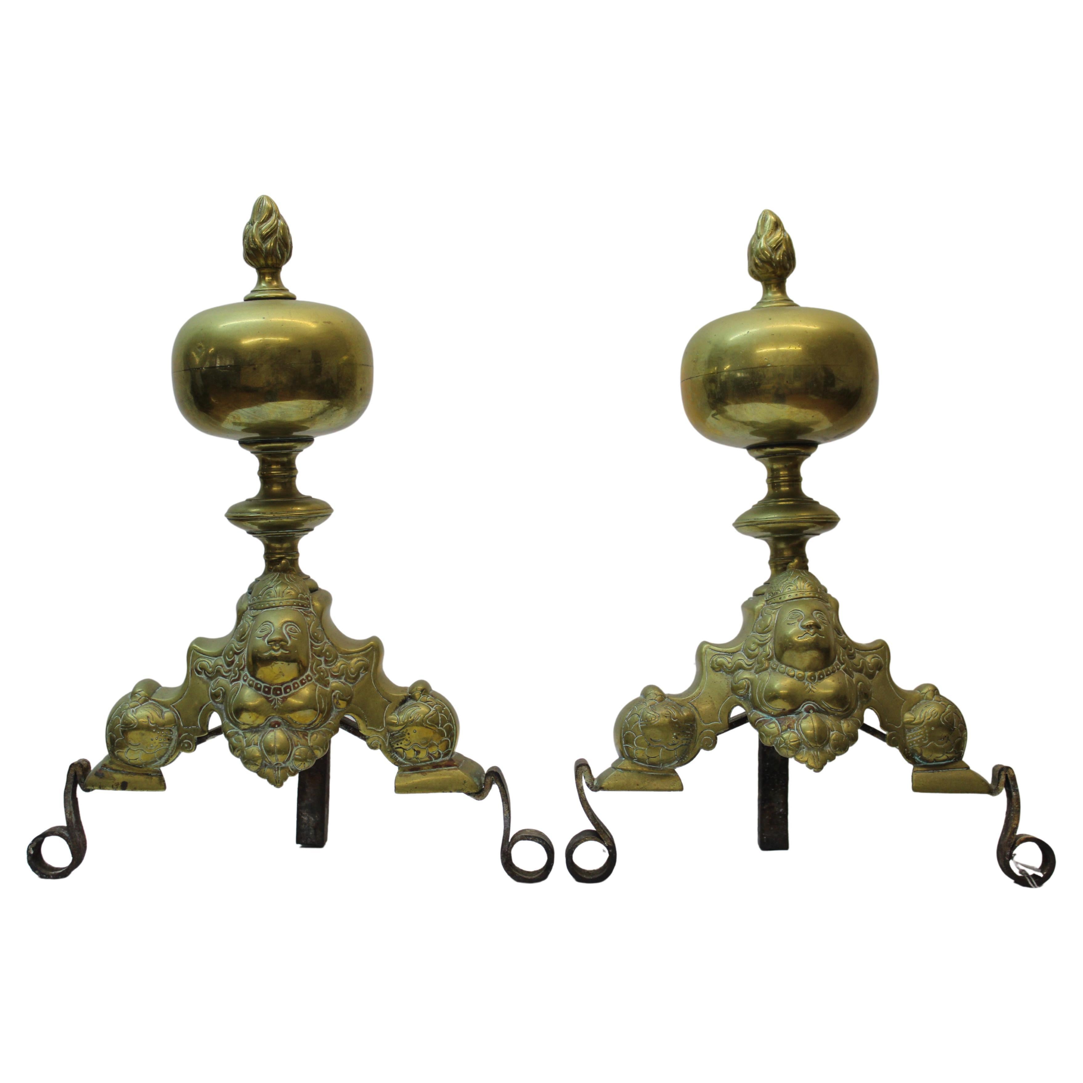 European Engraved Brass Andirons For Sale