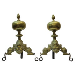 Used European Engraved Brass Andirons