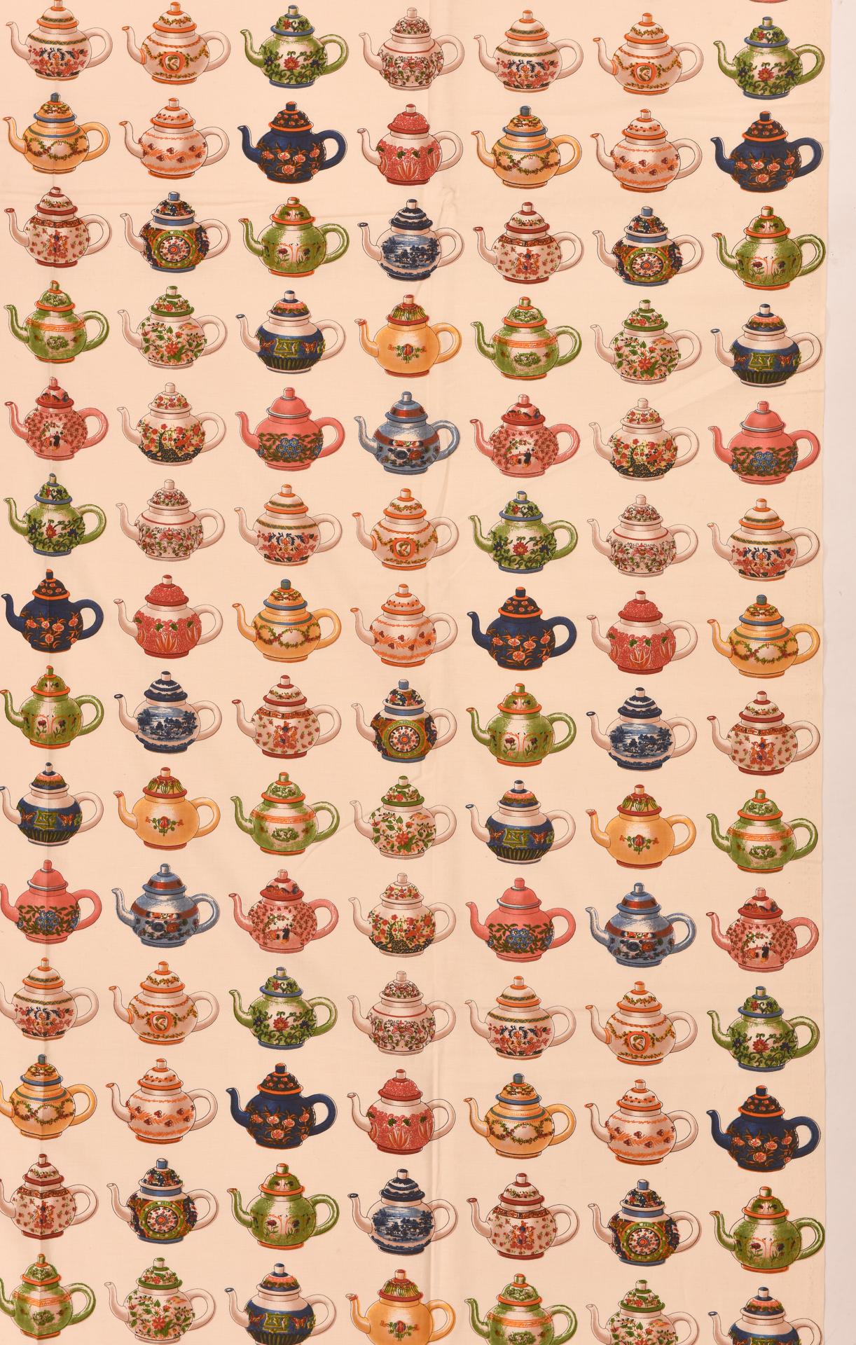 Spanish European Fabric with Colorful Teapots For Sale