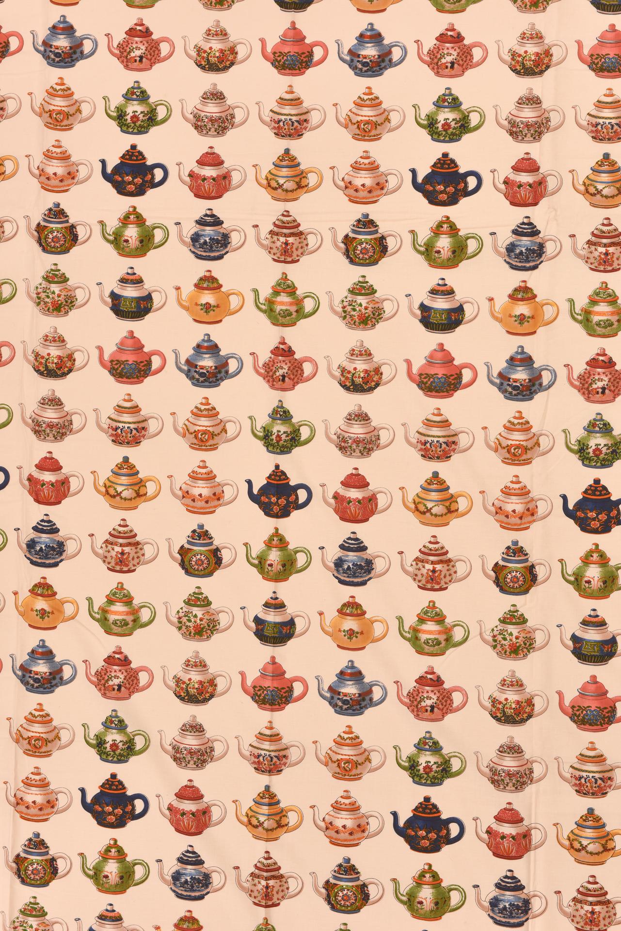 Machine-Made European Fabric with Colorful Teapots For Sale