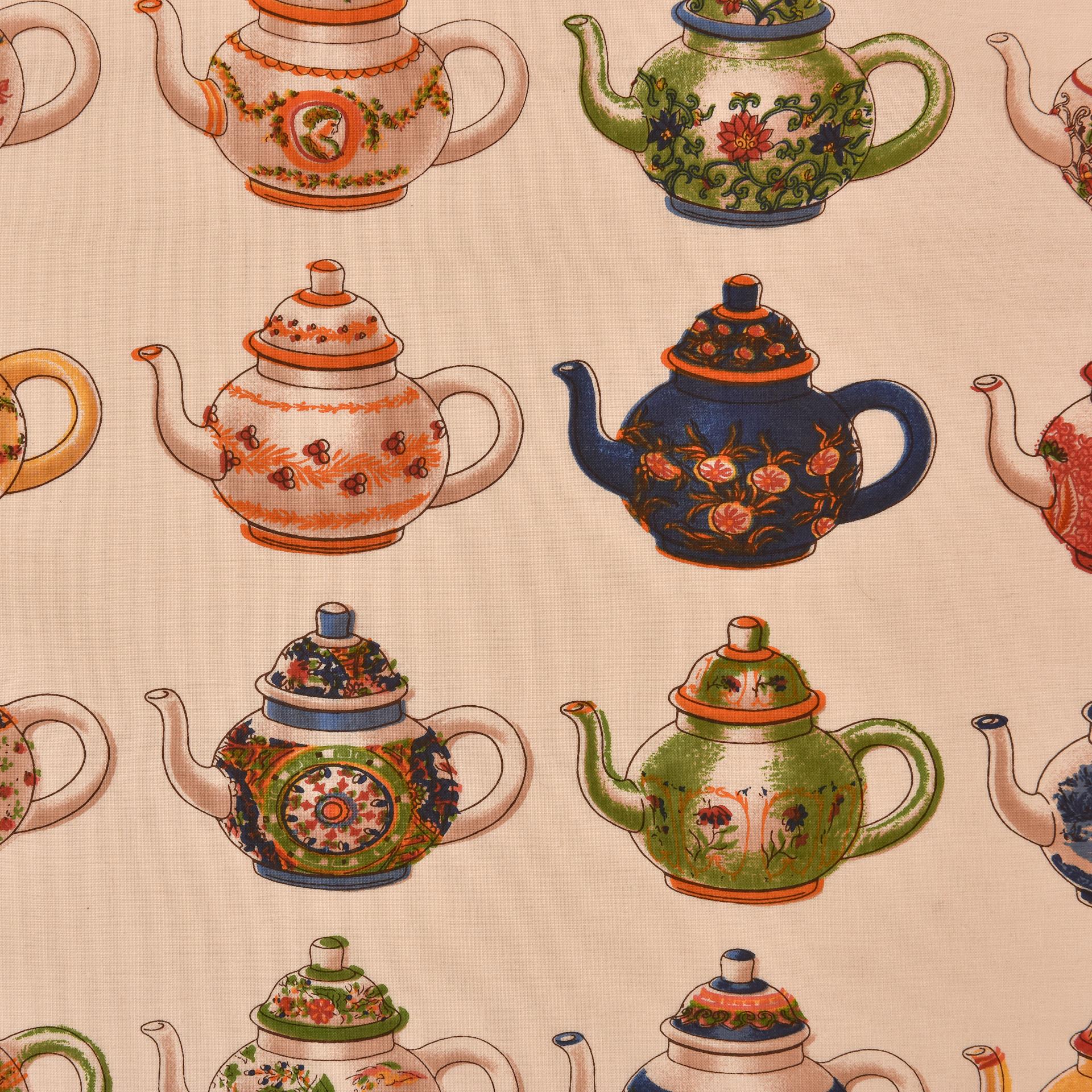 European Fabric with Colorful Teapots In Excellent Condition For Sale In Alessandria, Piemonte