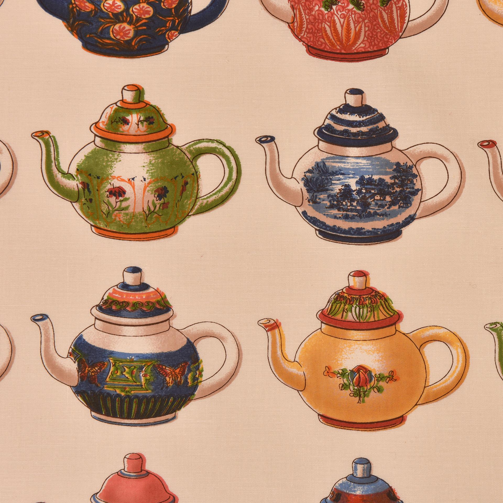 20th Century European Fabric with Colorful Teapots For Sale