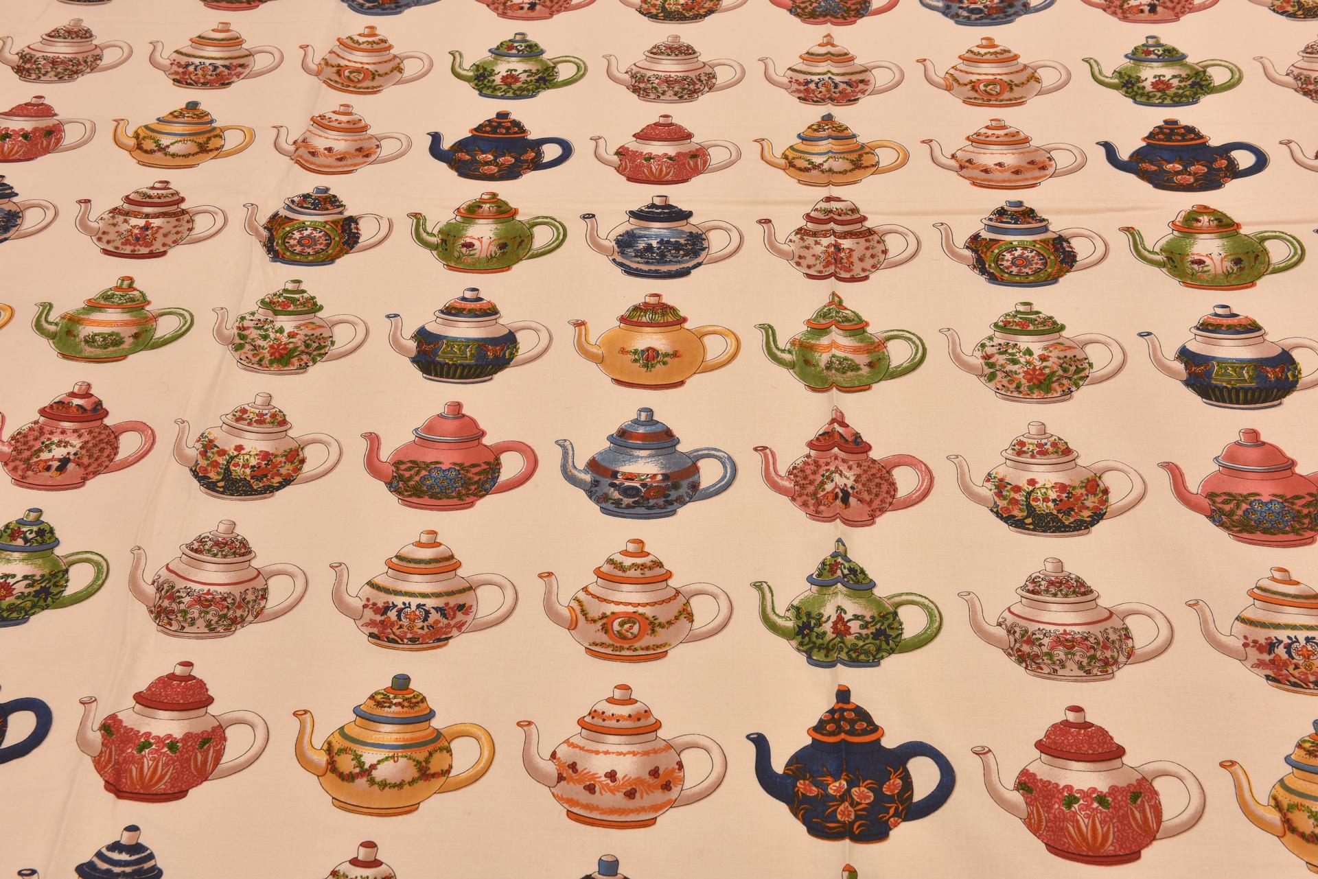 Cotton European Fabric with Colorful Teapots For Sale