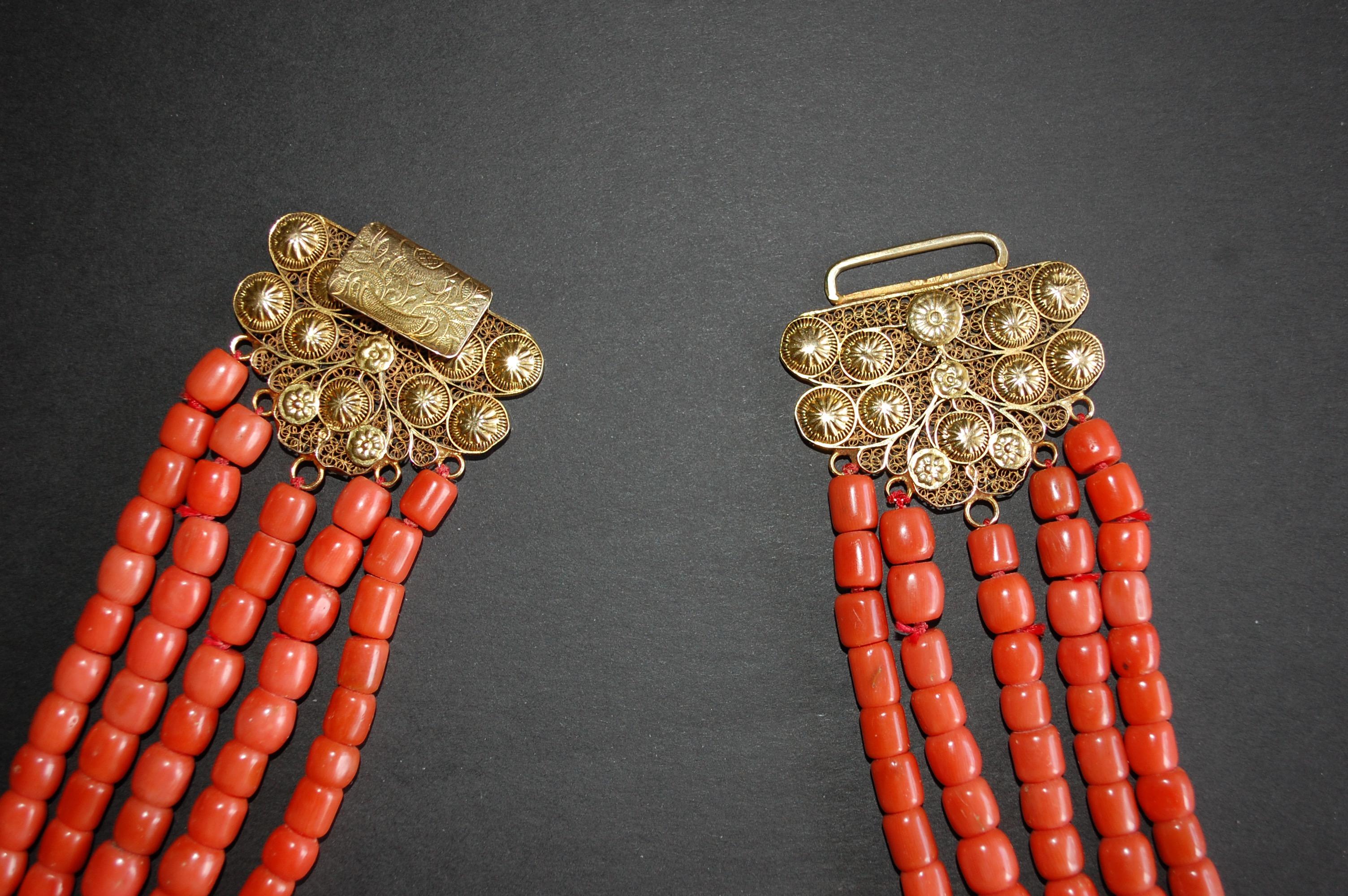 European Five Strand Red Coral 14k Gold Clasp In Excellent Condition For Sale In Lake Worth, FL