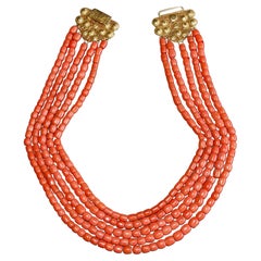 Antique European Five Strand Red Coral 14k Gold Clasp