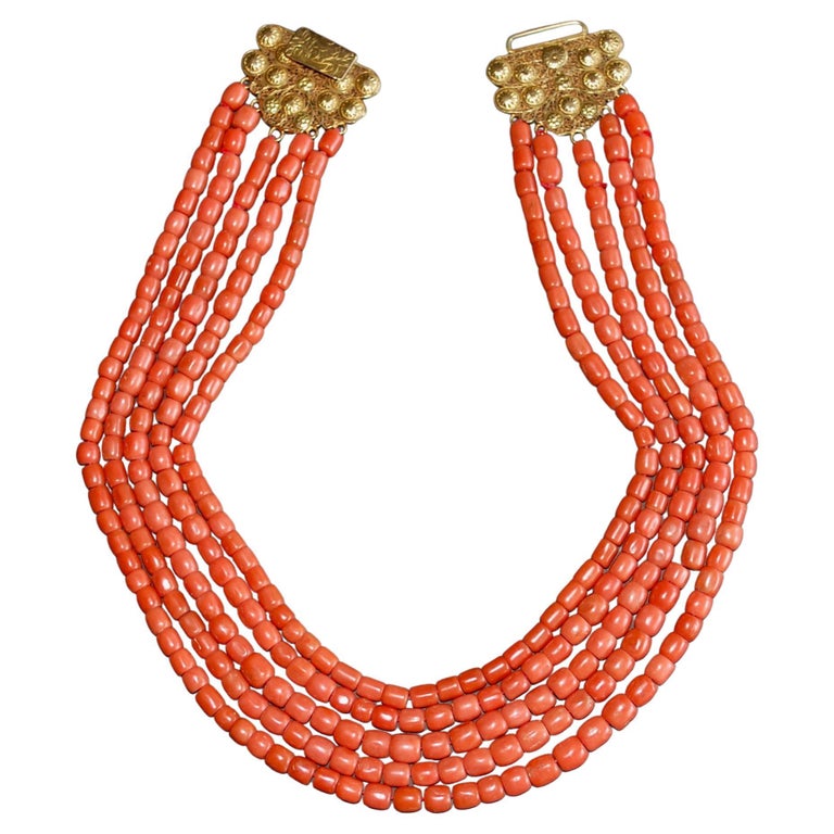 European Five Strand Red Coral 14k Gold Clasp For Sale