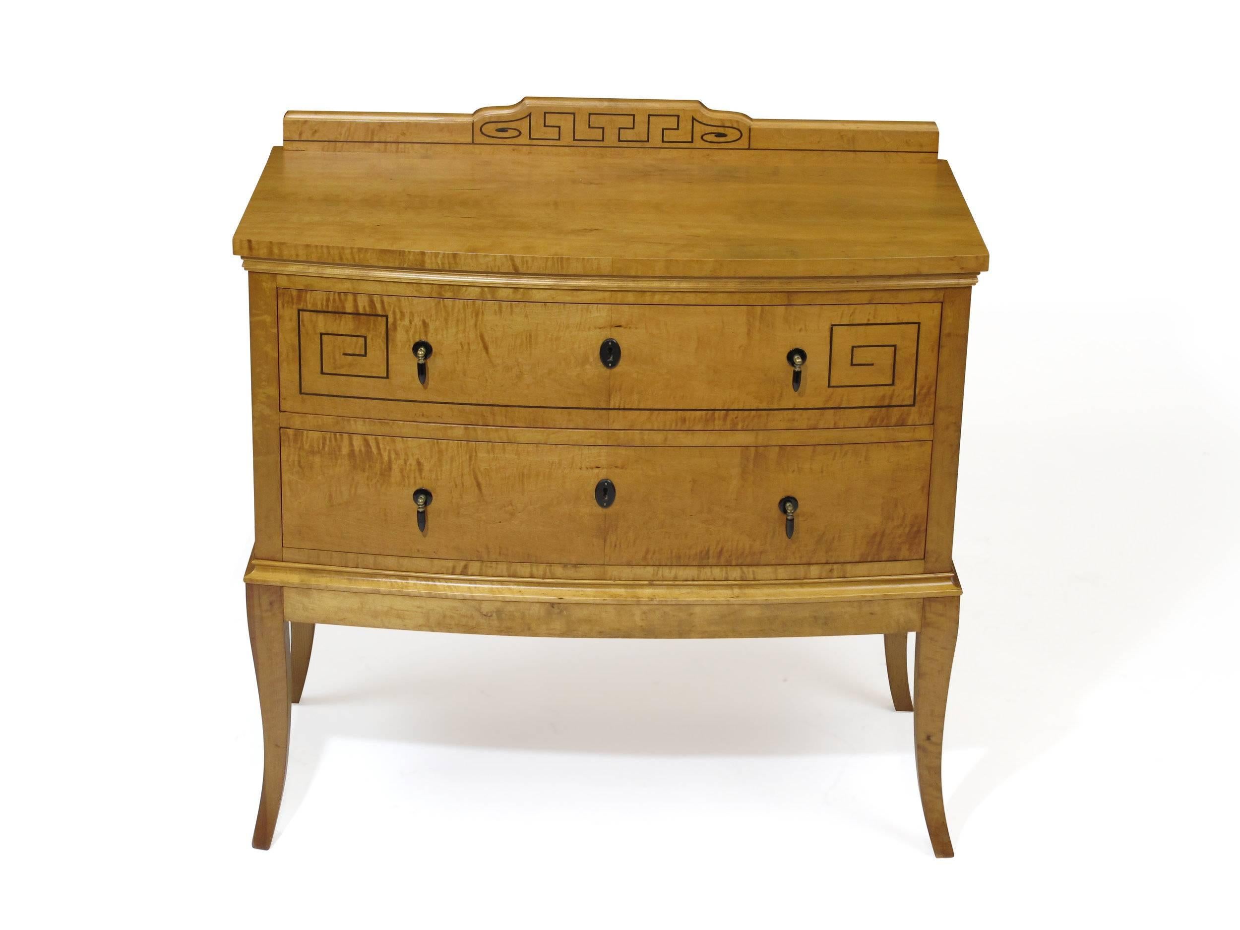French European Flamed Birch Chest with Ebony Inlay