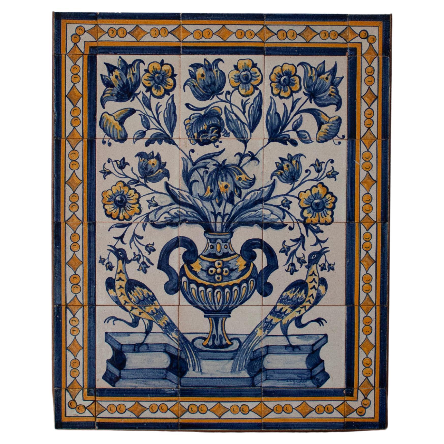 European Floral and Animal Blue and White Tiled Wall Artwork Wall Hanging  For Sale