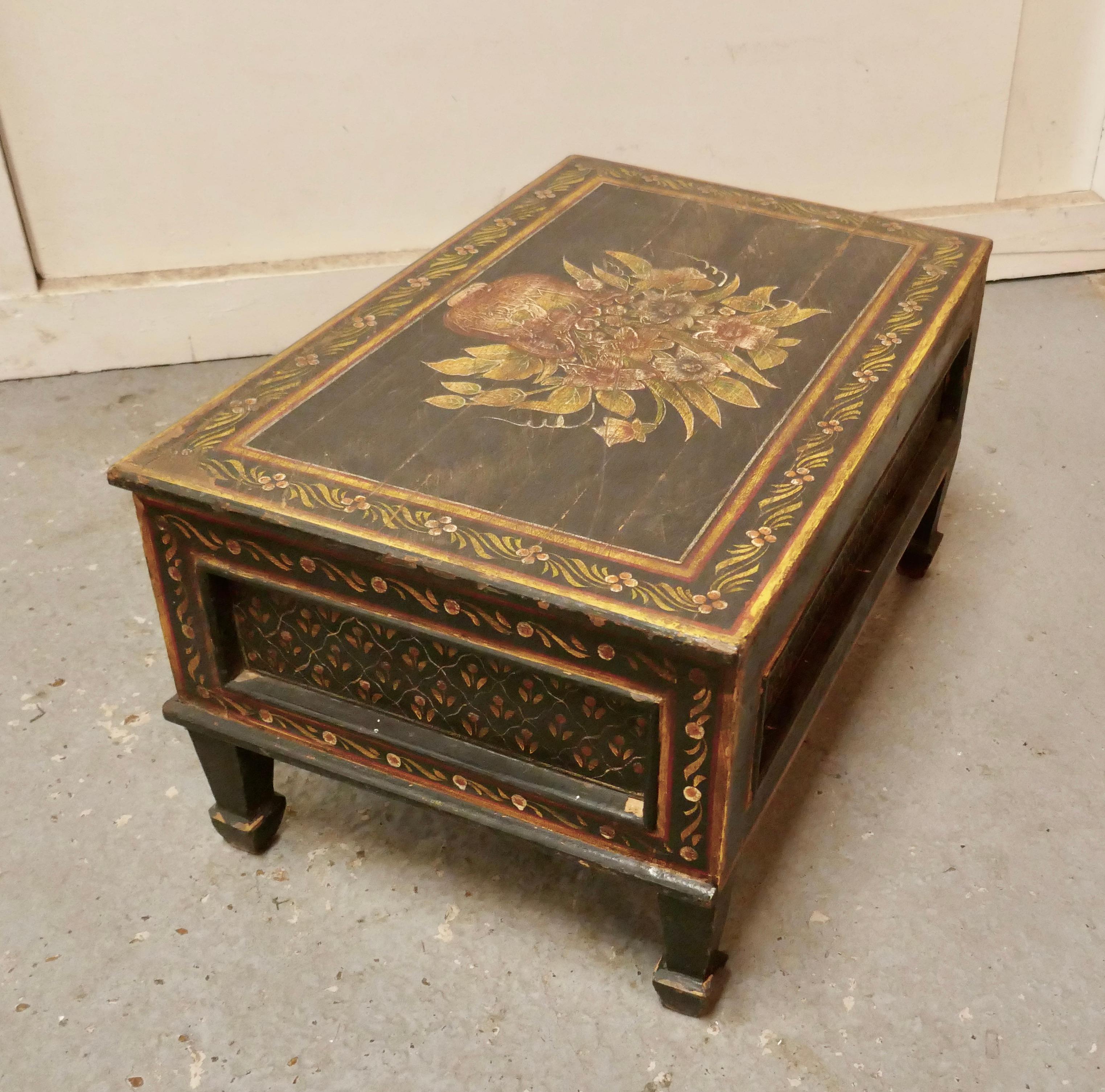 European Folk Art Painted Low Table with Drawer For Sale 3