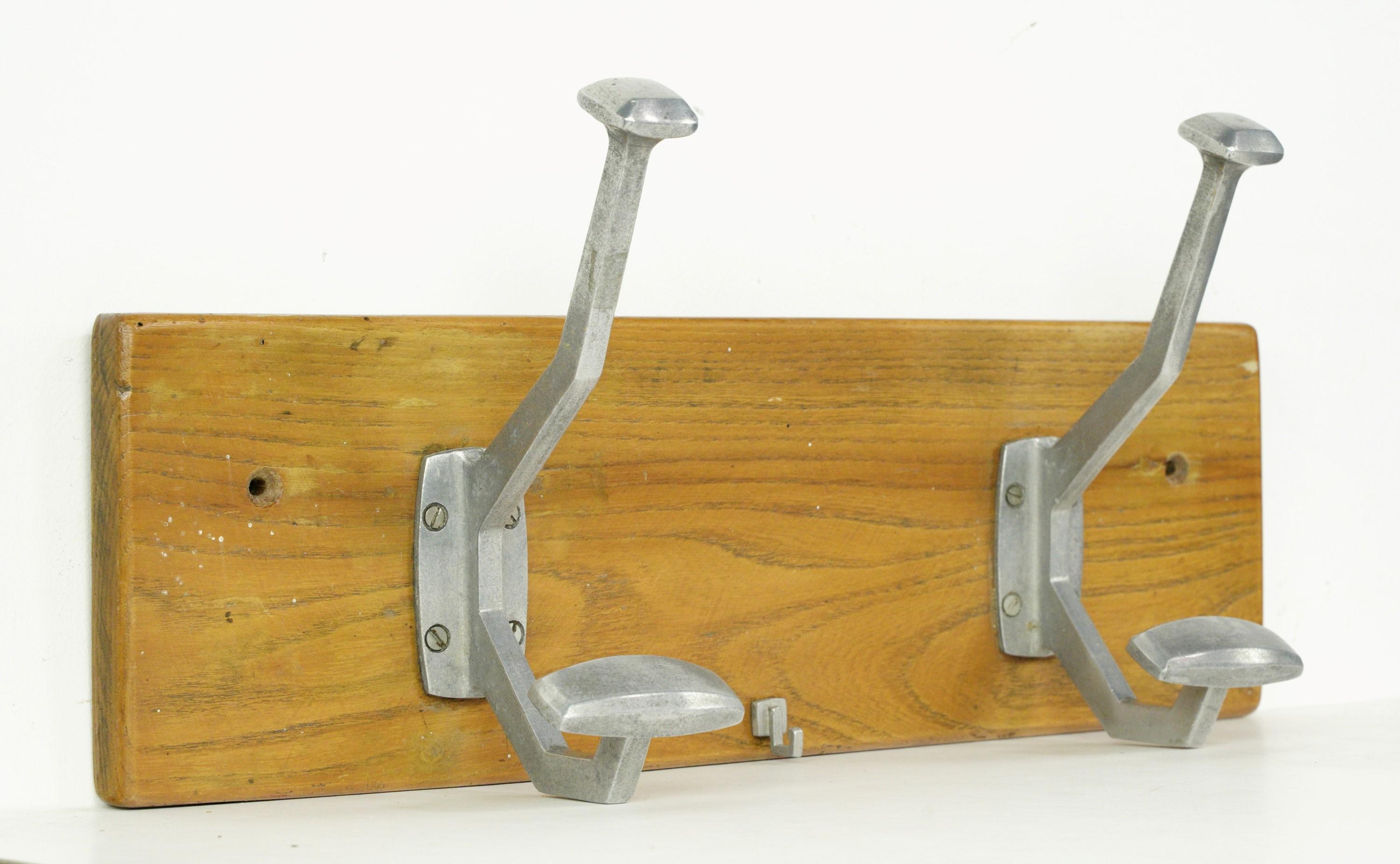 European French Aluminum Hook Wood Wall Rack In Good Condition For Sale In New York, NY