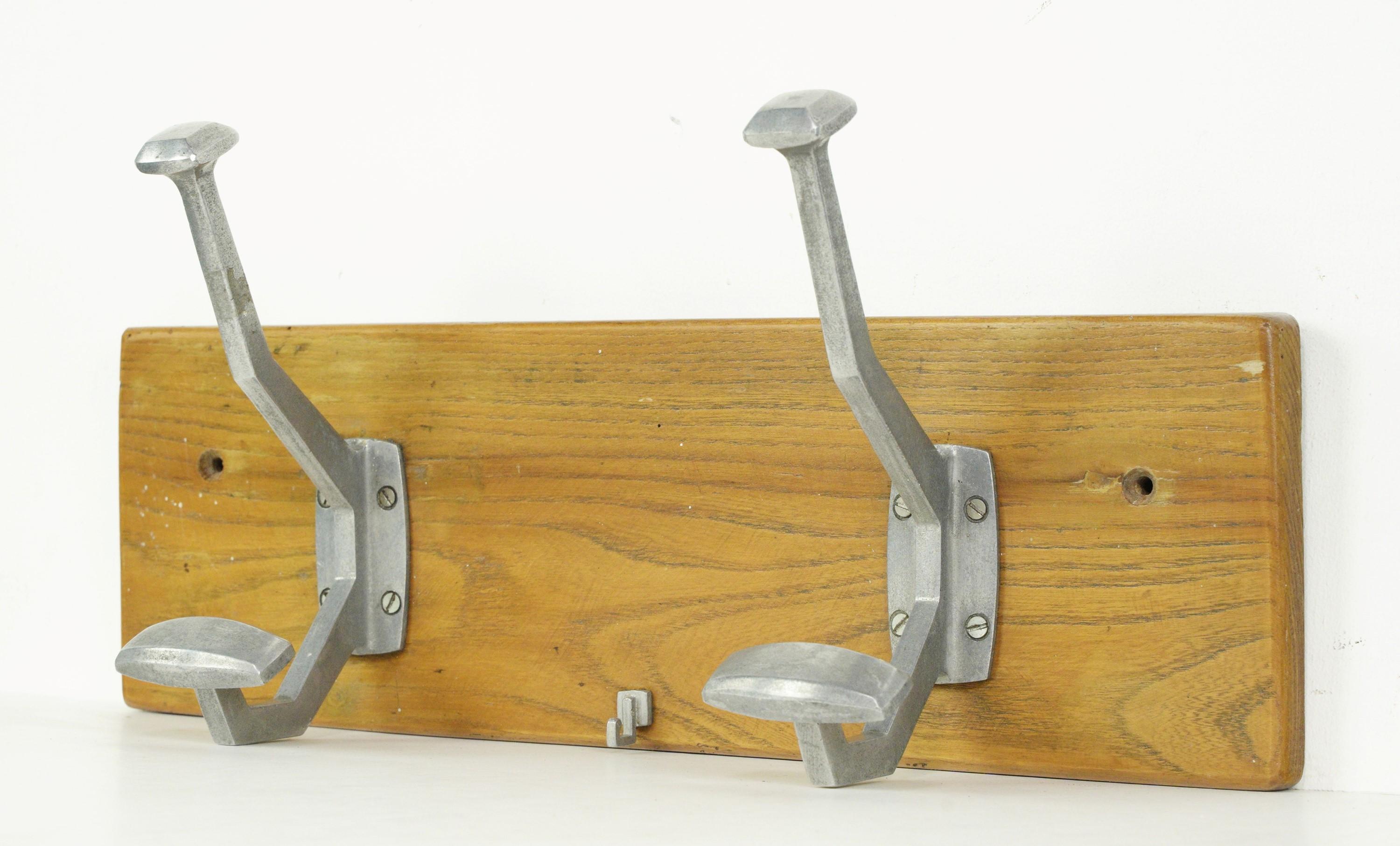 20th Century European French Aluminum Hook Wood Wall Rack For Sale