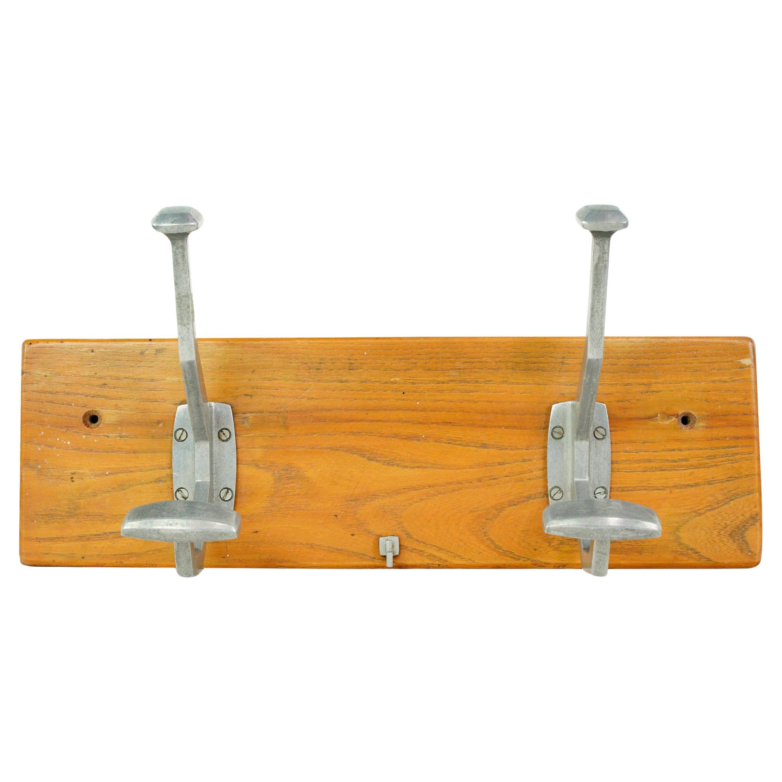 European French Aluminum Hook Wood Wall Rack For Sale