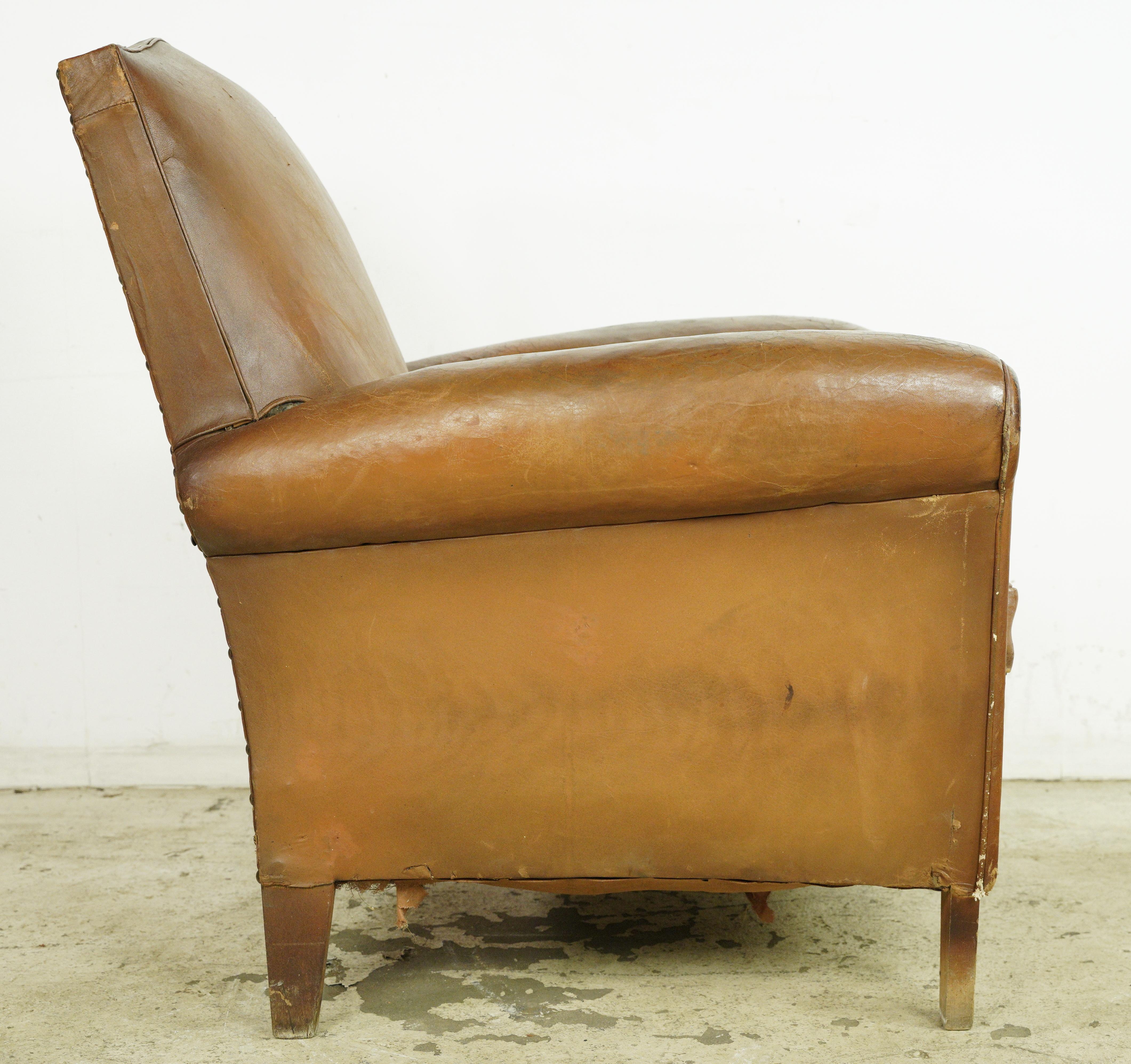 20th Century European French Brown Leather Club Chair w Wood Feet For Sale