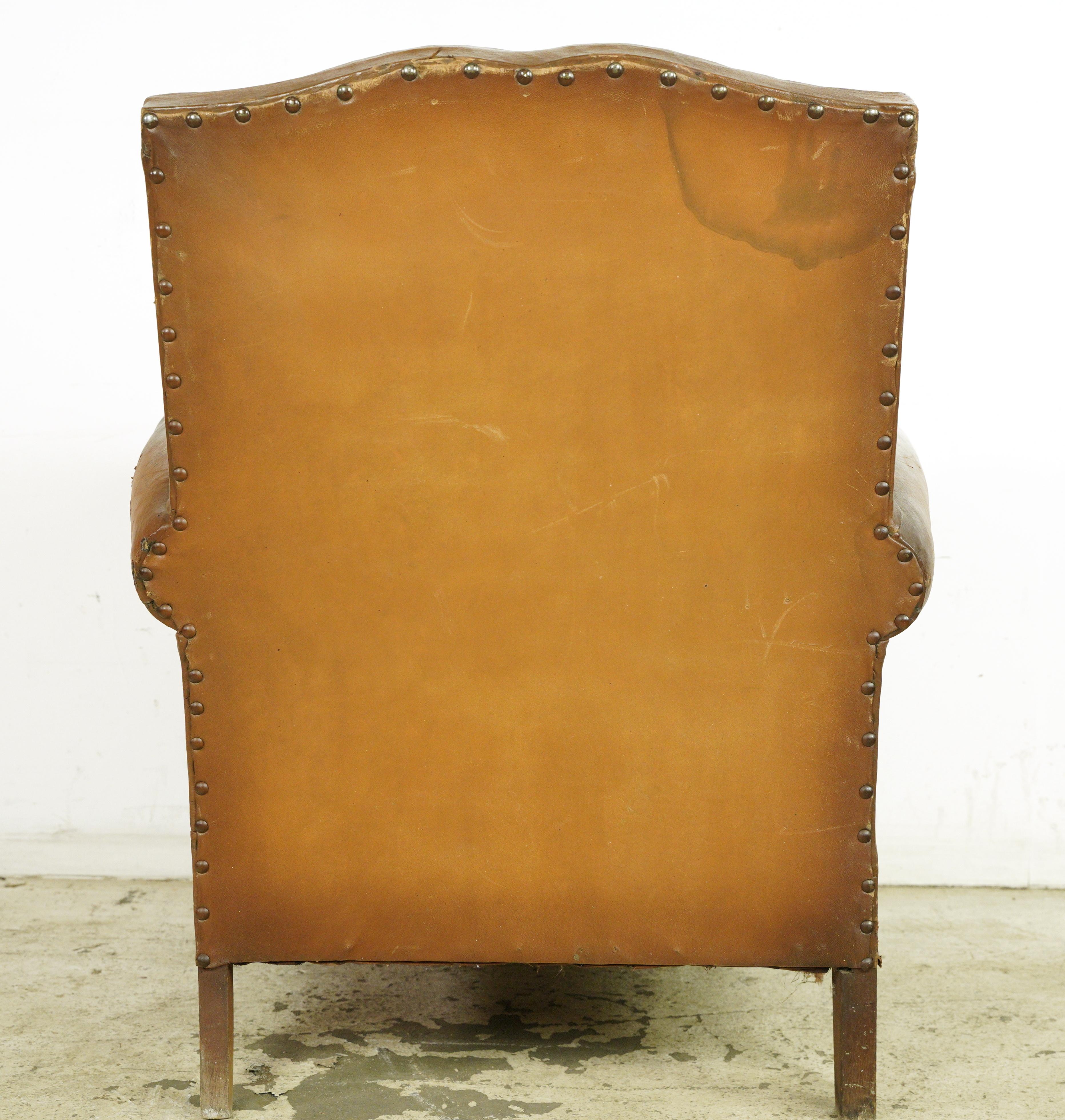 European French Brown Leather Club Chair w Wood Feet For Sale 1