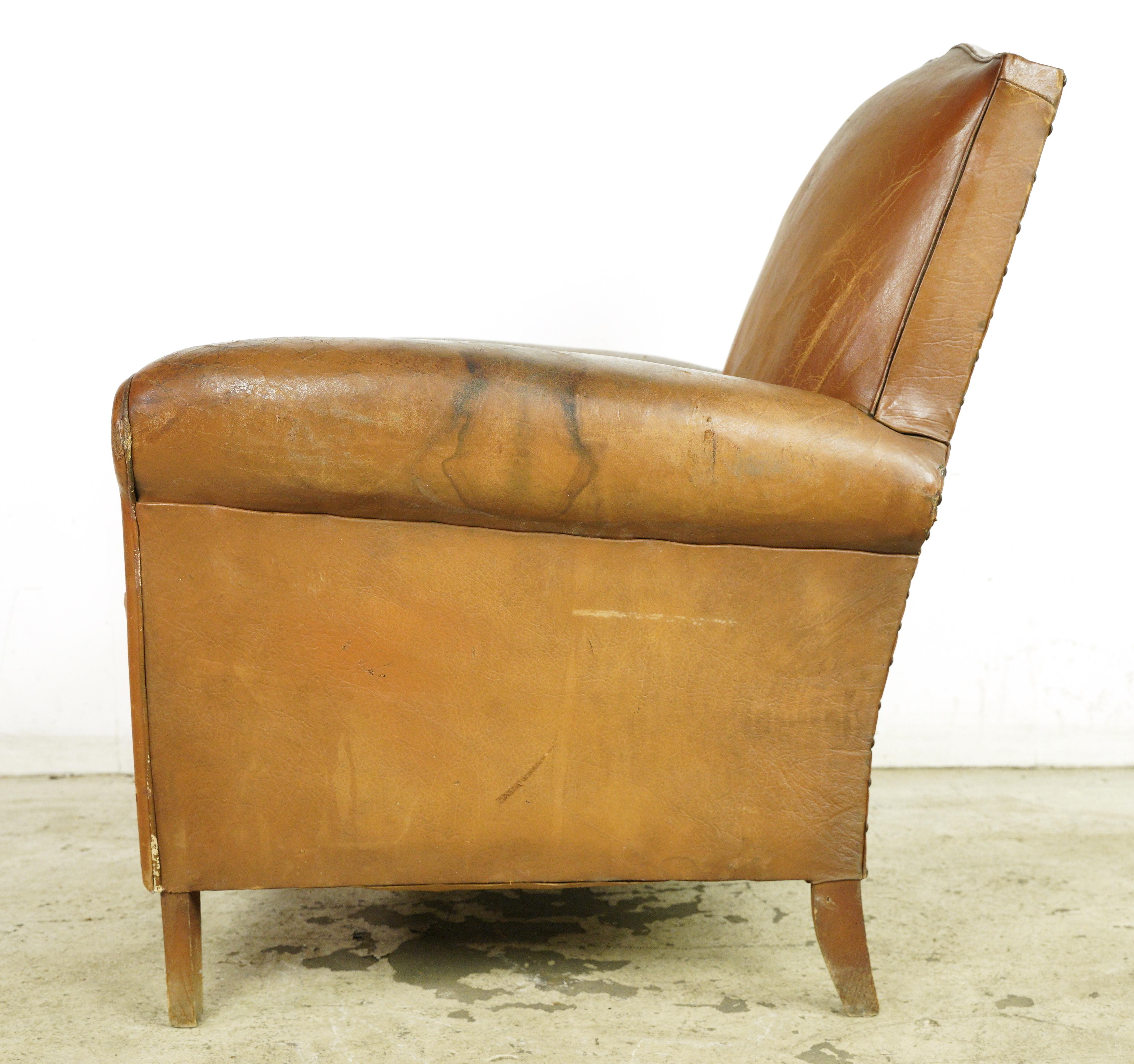 European French Brown Leather Club Chair w Wood Feet For Sale 2