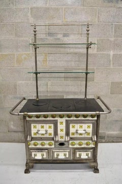 Estufa europea francesa o belga de hierro fundido Art Nouveau de azulejos de madera para quemar carbón
