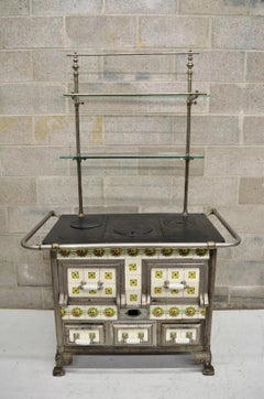 European French or Belgium Cast Iron Art Nouveau Tile Wood Coal Burning Stove