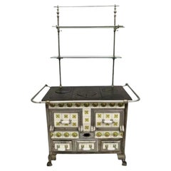European French or Belgium Cast Iron Art Nouveau Tile Wood Coal Burning Stove