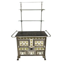 Antique European French or Belgium Cast Iron Art Nouveau Tile Wood Coal Burning Stove