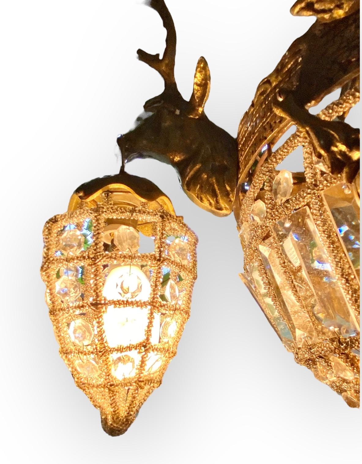 European Gilt Brass Elk and Crystal Cage Chandelier 5