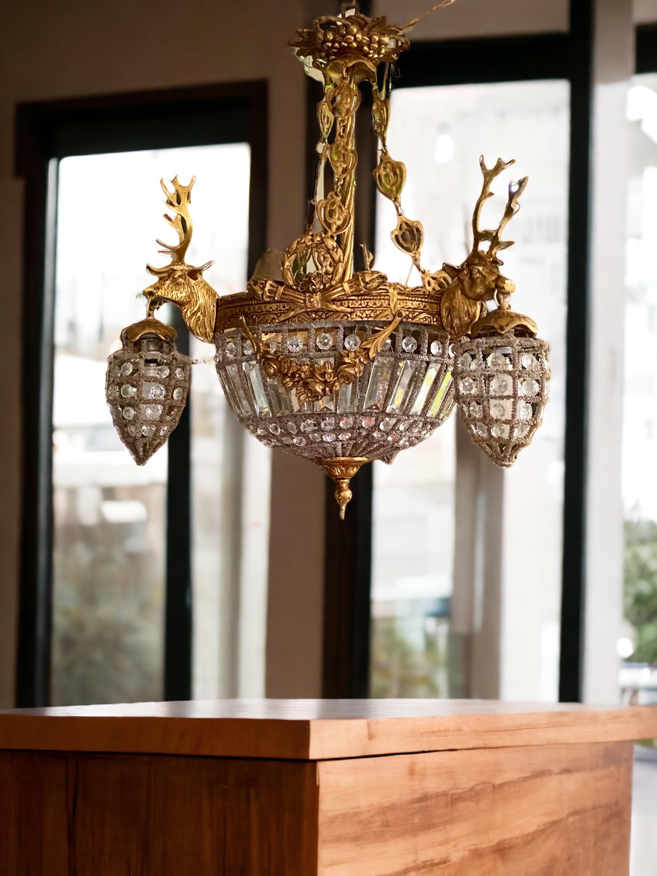 Empire European Gilt Brass Elk and Crystal Cage Chandelier