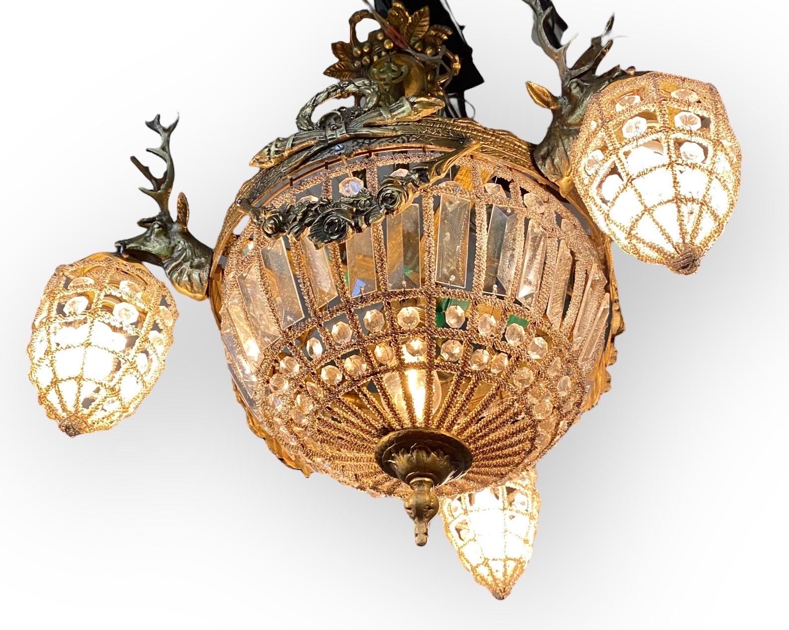 French European Gilt Brass Elk and Crystal Cage Chandelier 
