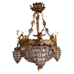 European Gilt Brass Elk and Crystal Cage Chandelier