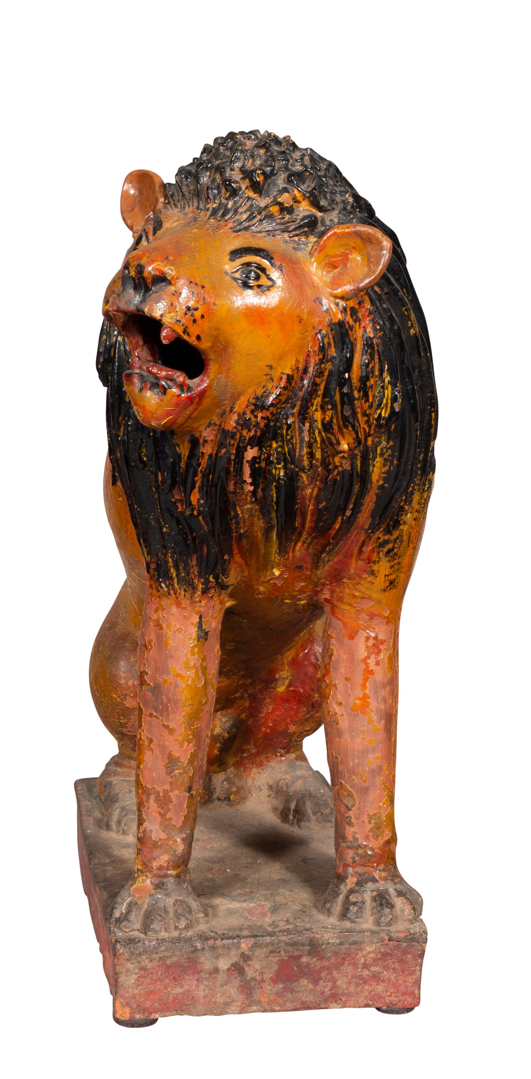 European Glazed Terracotta Figure of a Lion In Good Condition For Sale In Essex, MA