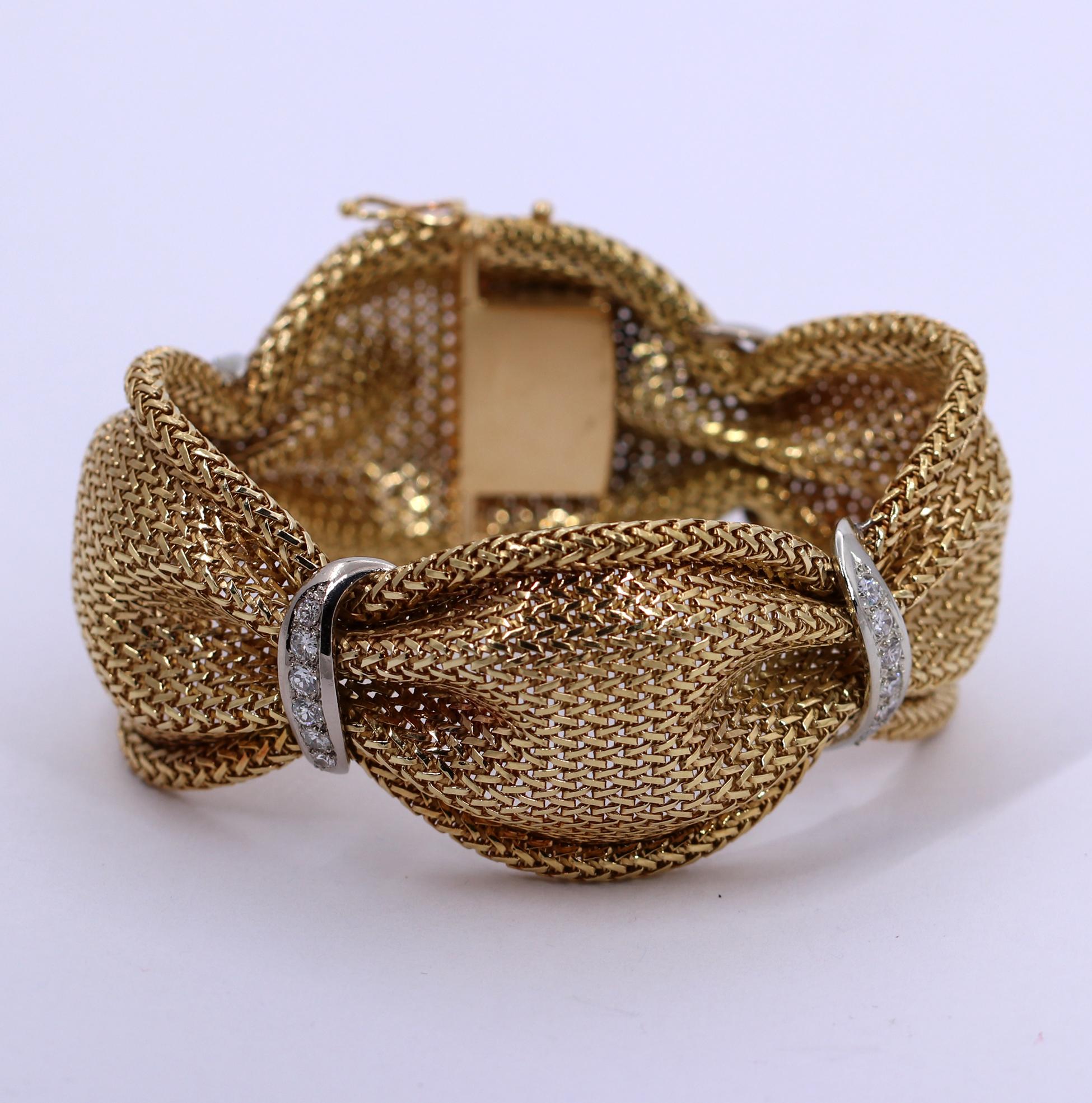 European Gold Mesh Bracelet with White Gold and Diamond Stations 2