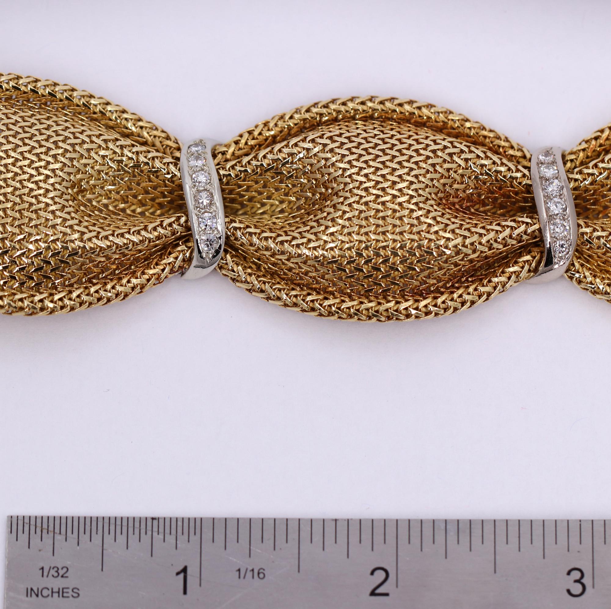 European Gold Mesh Bracelet with White Gold and Diamond Stations 4