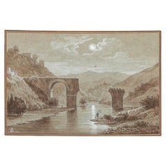 Antique European Gouache, Pen and Ink Lanscape, ca. 1821