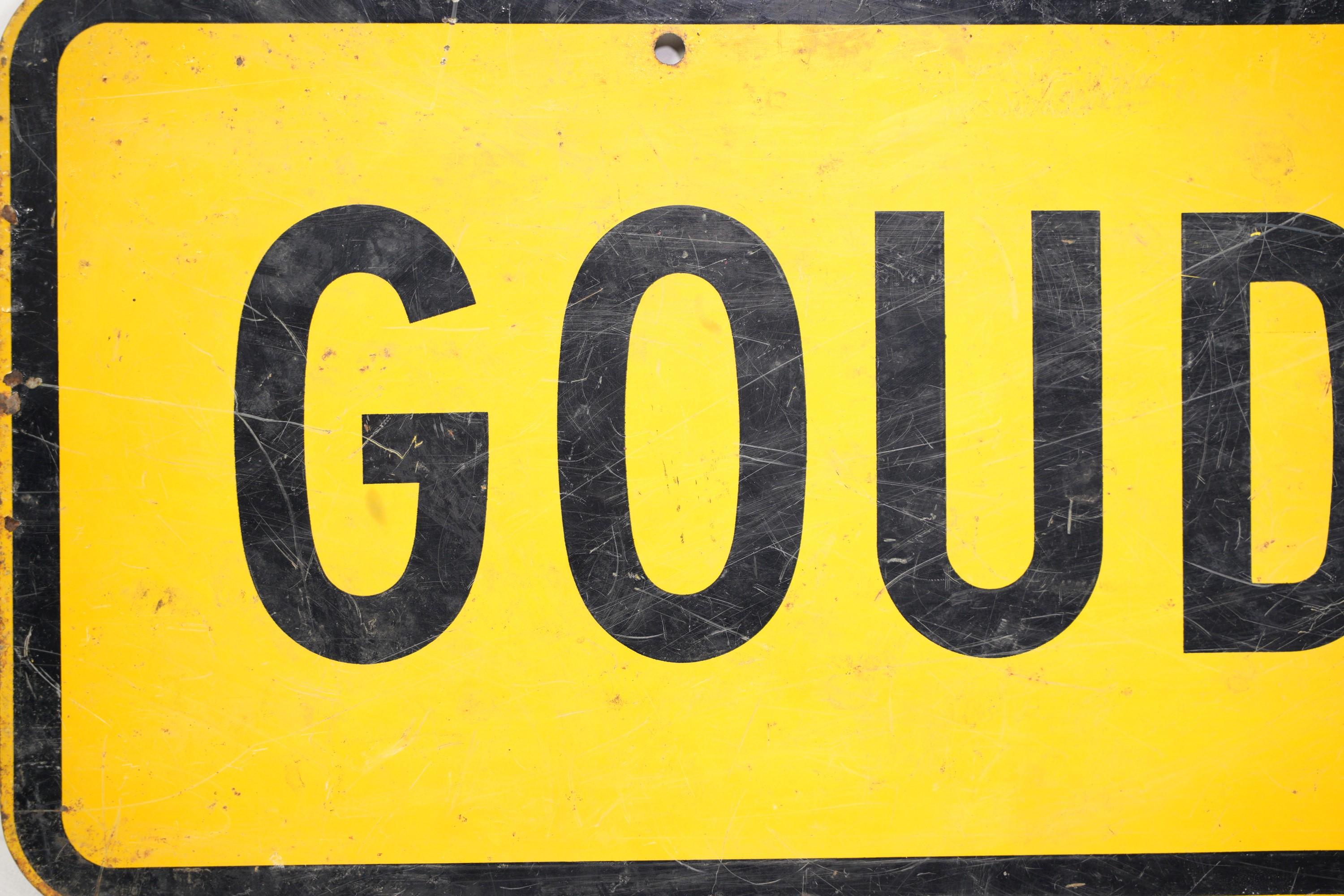 20th century French steel street sign in black and yellow enamel. Goudron translates in English to Tar. Original patina. Please note, this item is located in our Scranton, PA location.