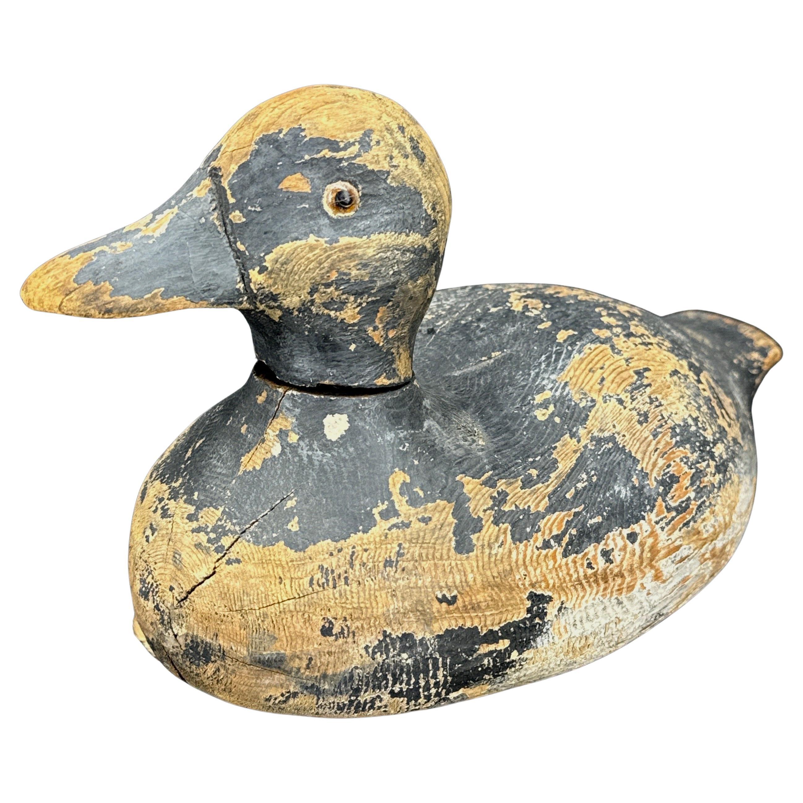 European Hand-Carved Folk Art Duck Decoy, Wood & Paint, Mid-20th Century