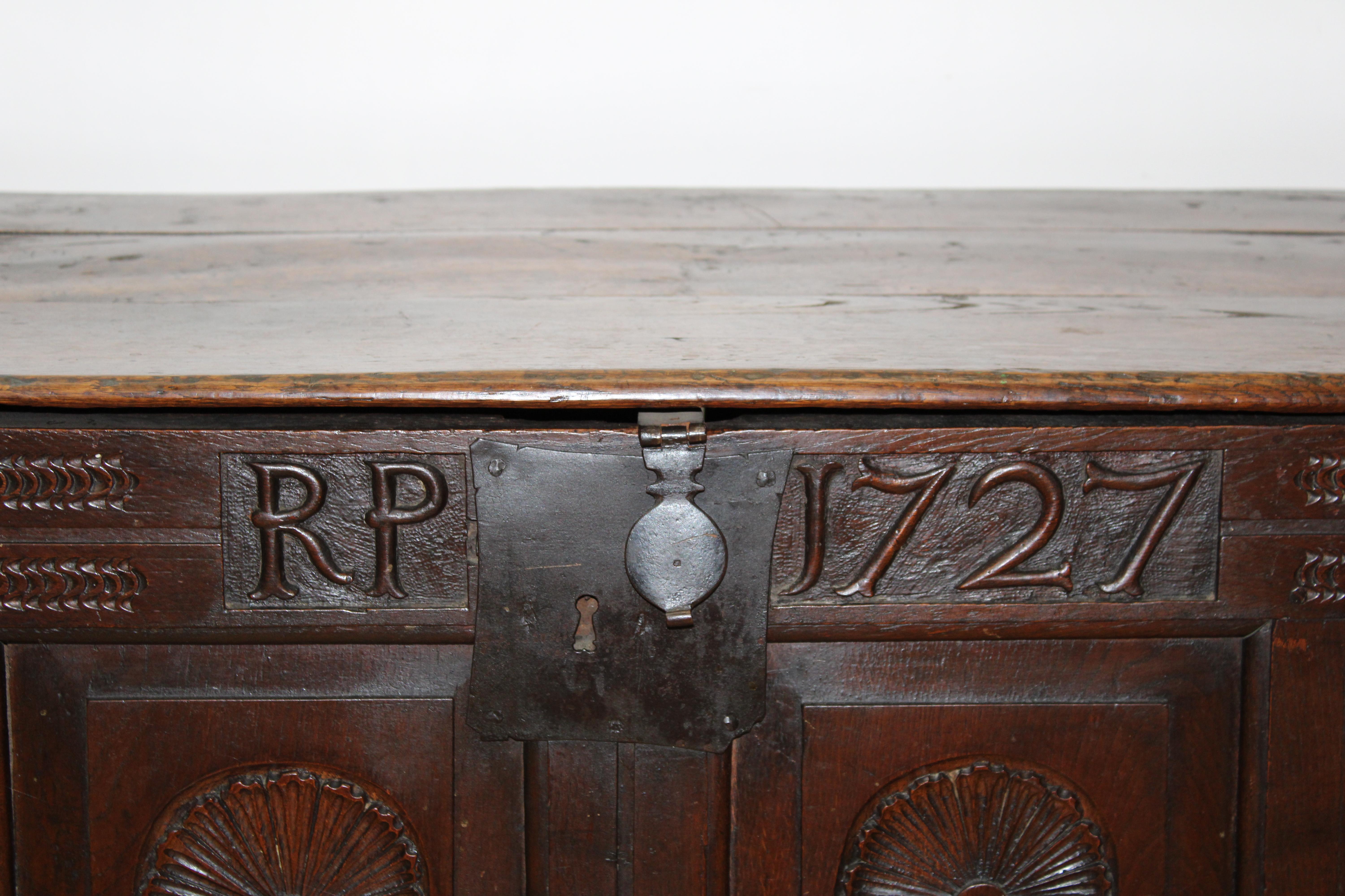18th century European hand carved wood blanket chest with the initials 