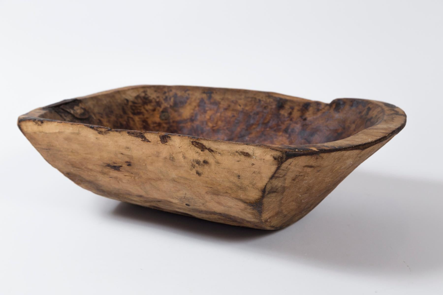 European Hand-Carved Wood bowl, early 20th Century. Rectangular shape, traditional work bowl. Old iron repair.