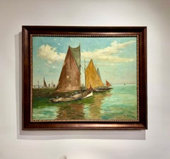 European Harbor Sailboat Scene Framed Oil on Canvas Painting 20th Century Signed