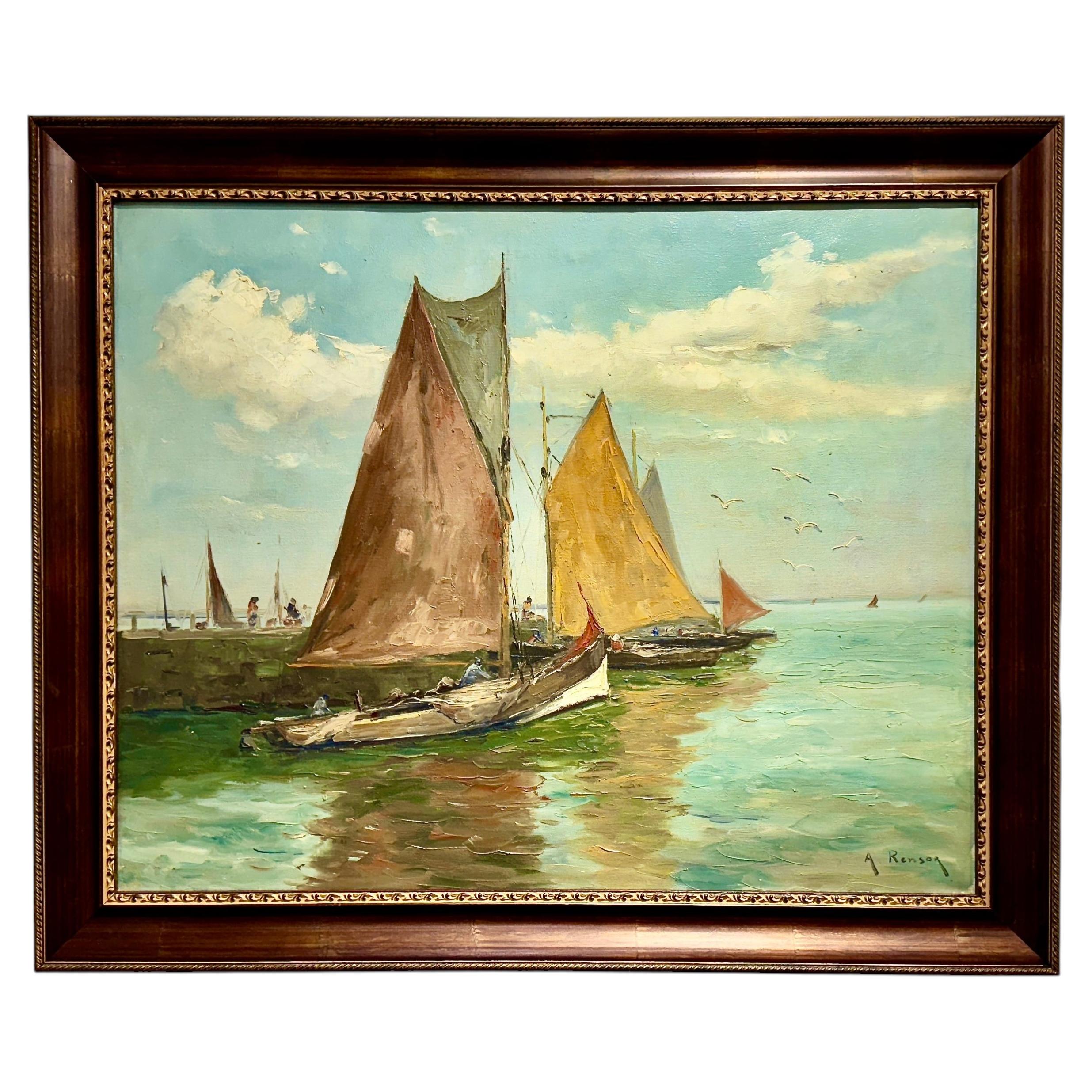European Harbor Sailboat Scene Framed Oil on Canvas Painting 20th Century Signed