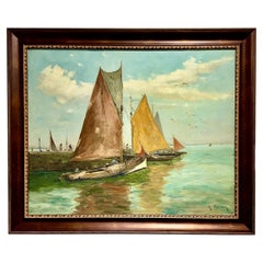 Escena europea de velero de puerto Pintura al óleo sobre lienzo enmarcada Siglo XX Firmada