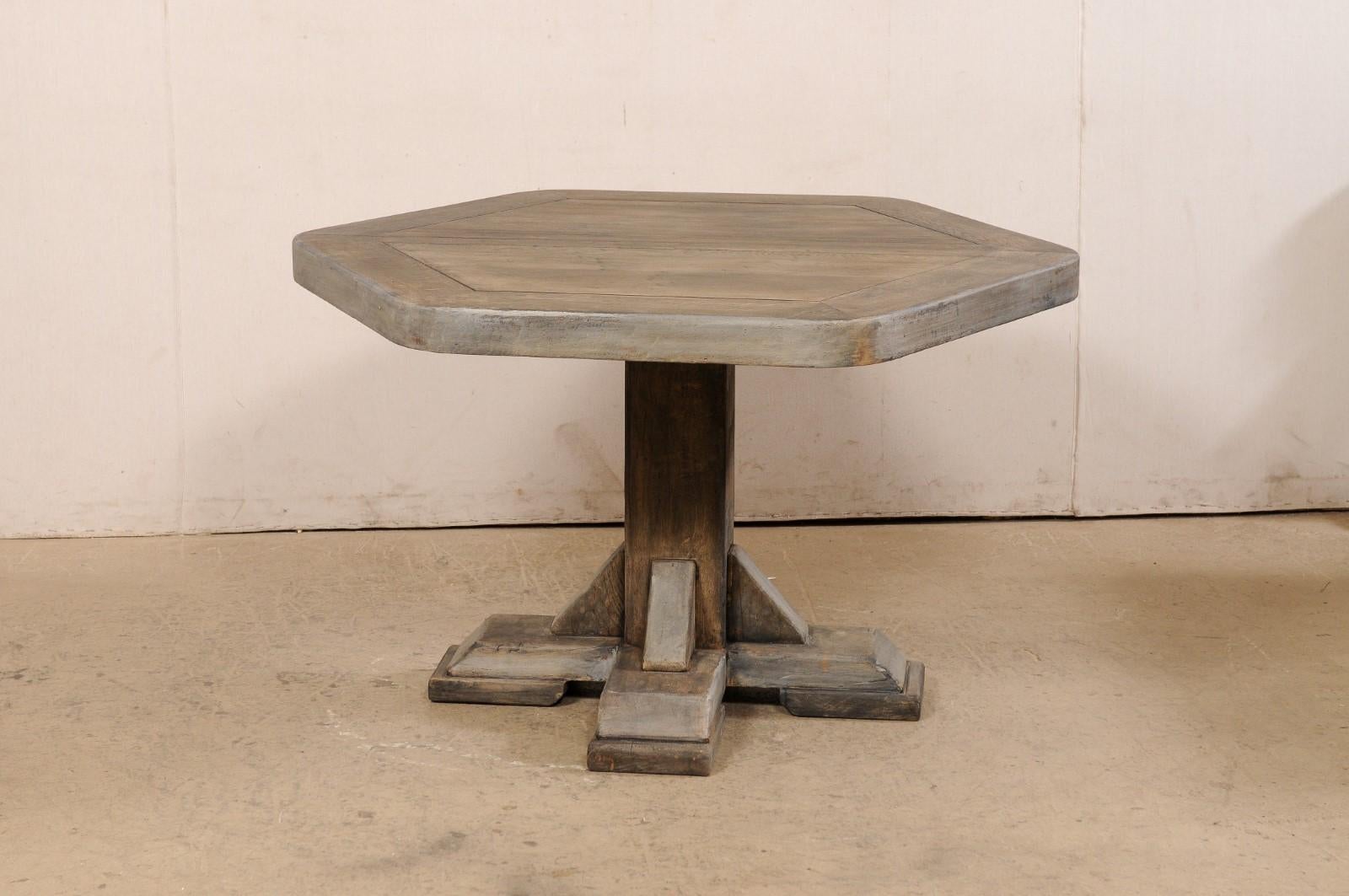 European Hexagon-Shaped Wooden Pedestal Table, Mid 20th century For Sale 3