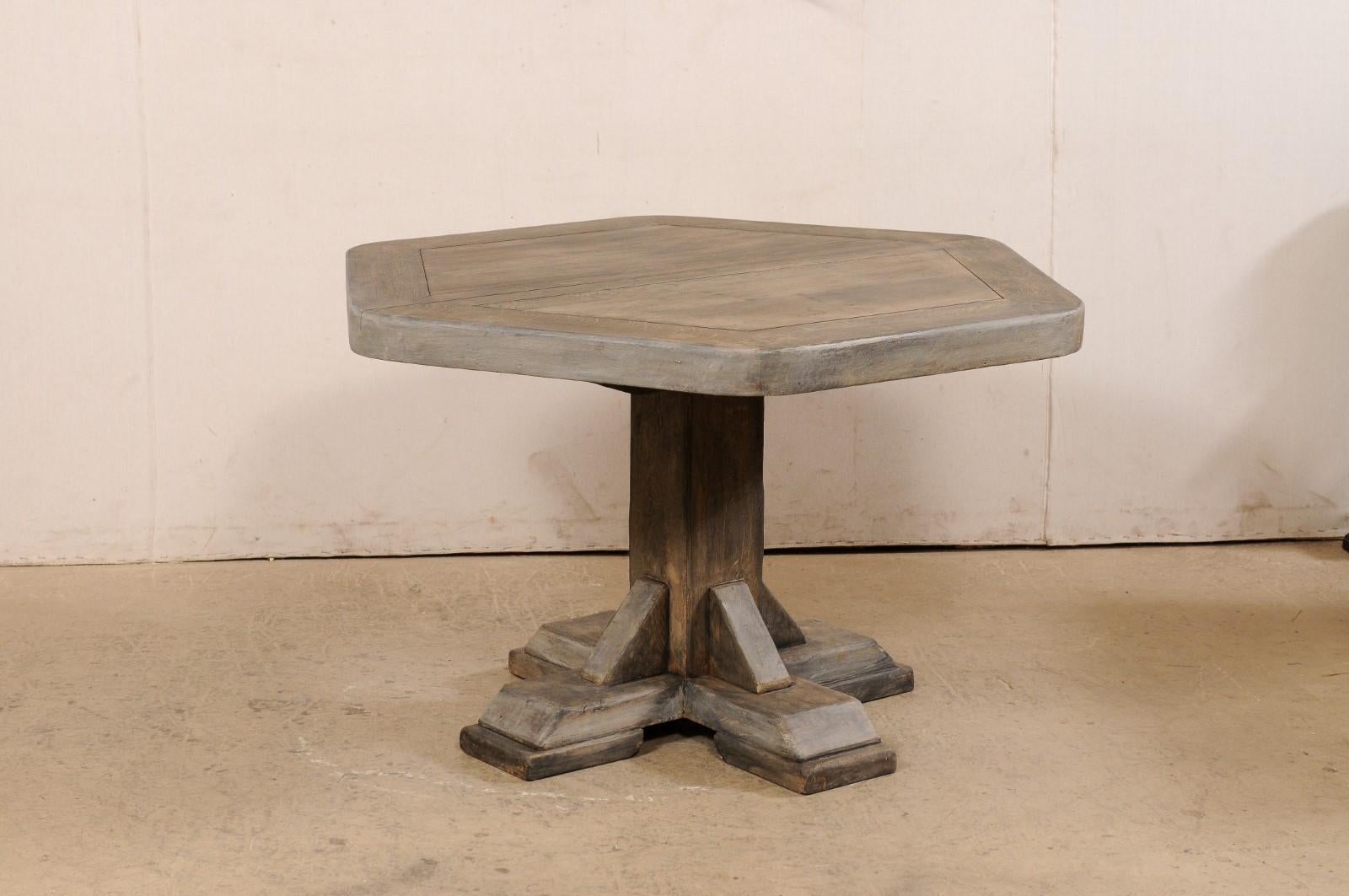 European Hexagon-Shaped Wooden Pedestal Table, Mid 20th century For Sale 4
