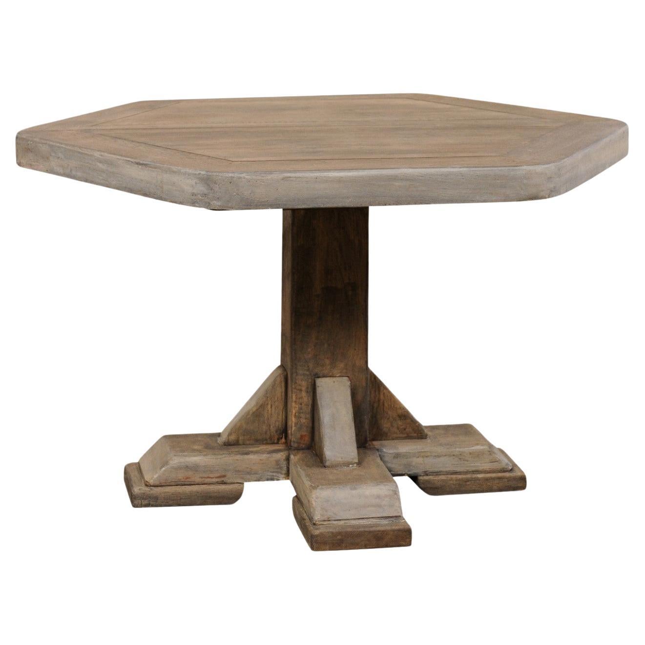 European Hexagon-Shaped Wooden Pedestal Table, Mid 20th century