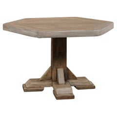 Vintage European Hexagon-Shaped Wooden Pedestal Table, Mid 20th century