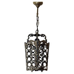 European Hollywood Regency Patinated Brass Openwork Ceiling Lantern Light, 1970s