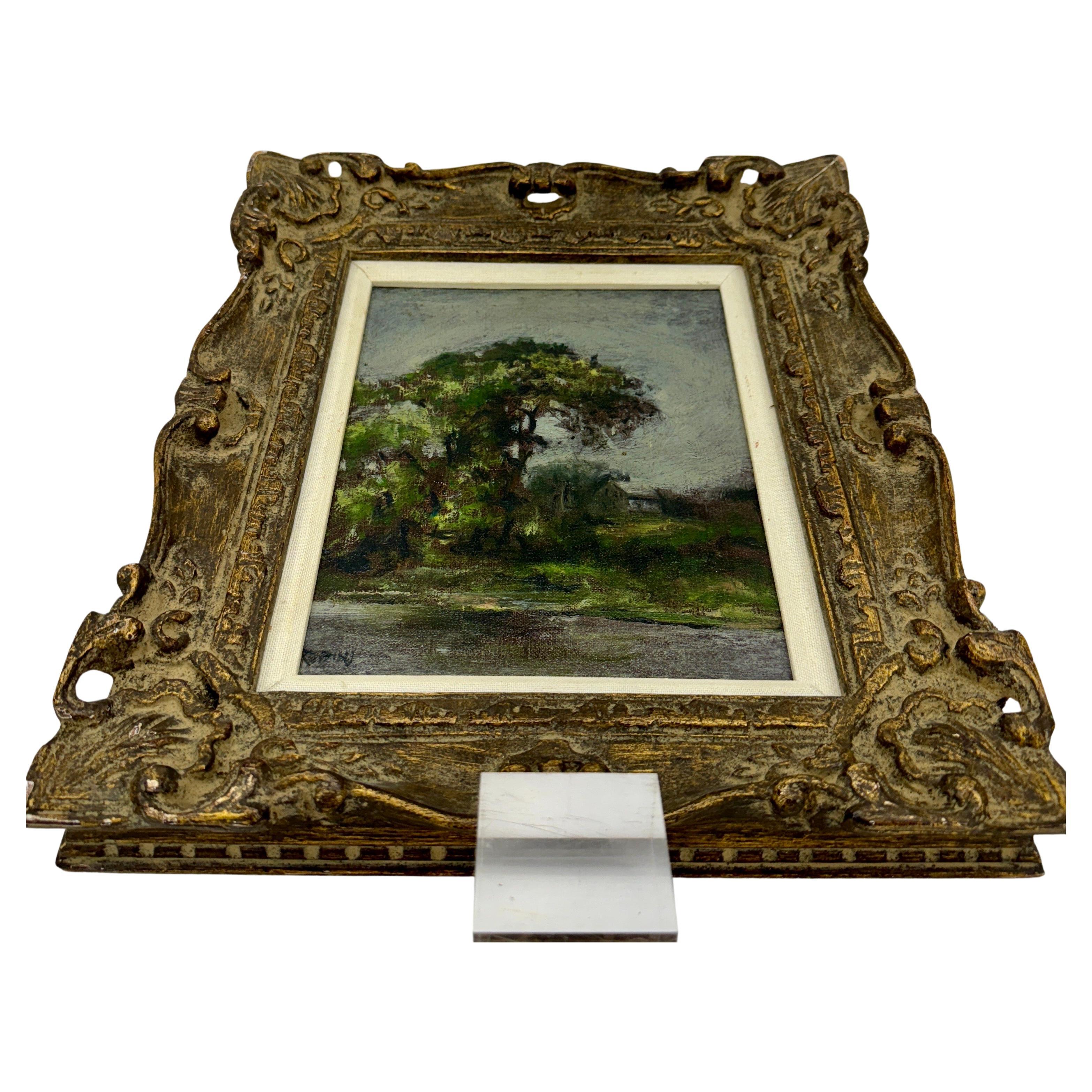 Hand-Carved European Impressionist Landscape Trees Oil Painting, 1950-1960's  For Sale