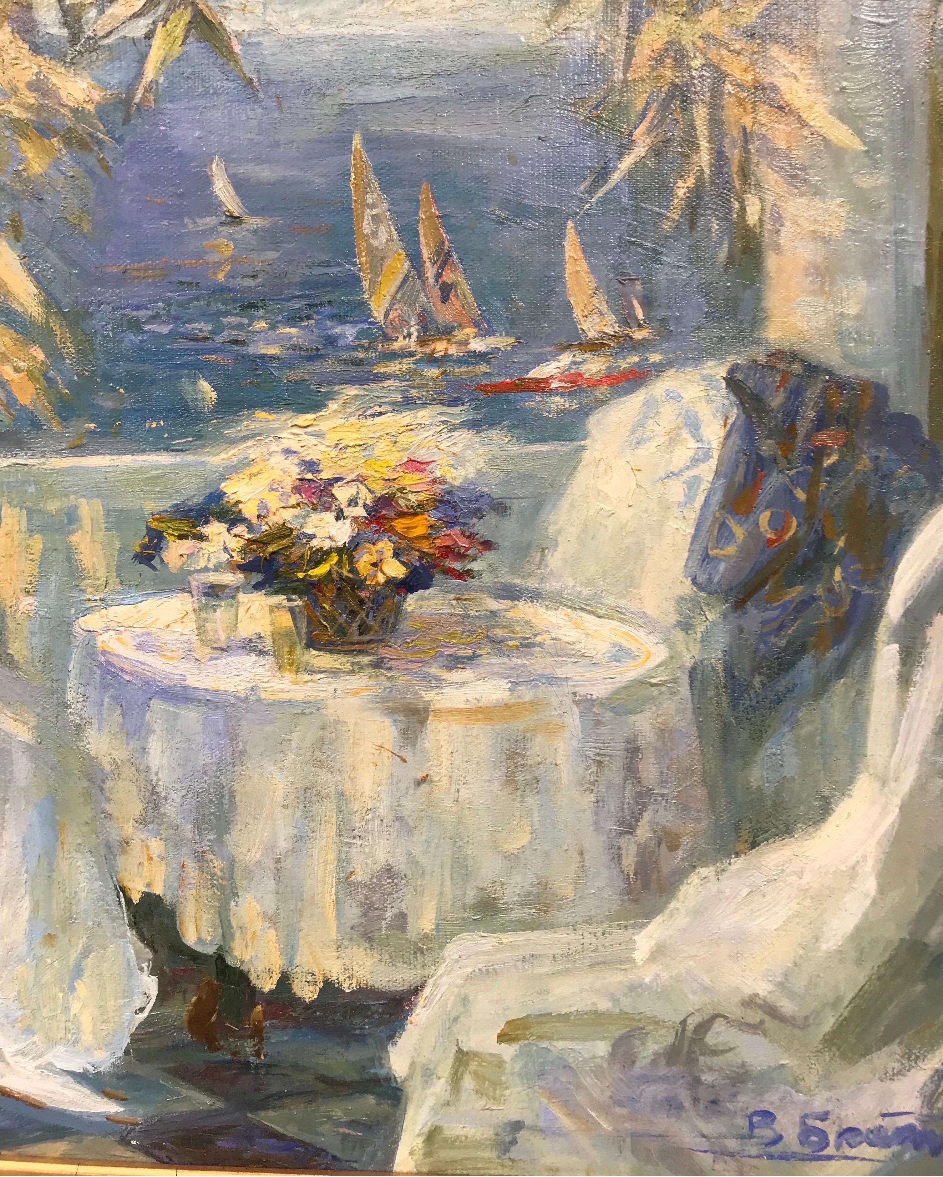 Artist/ School: European School, signed indistinctly, late 20th century

Title: Elegant young lady on terrace with flowers, overlooking a coastline seascape. 

Medium: oil on canvas, framed

Framed: 24 x 31 inches
Canvas: 18.5 x 26