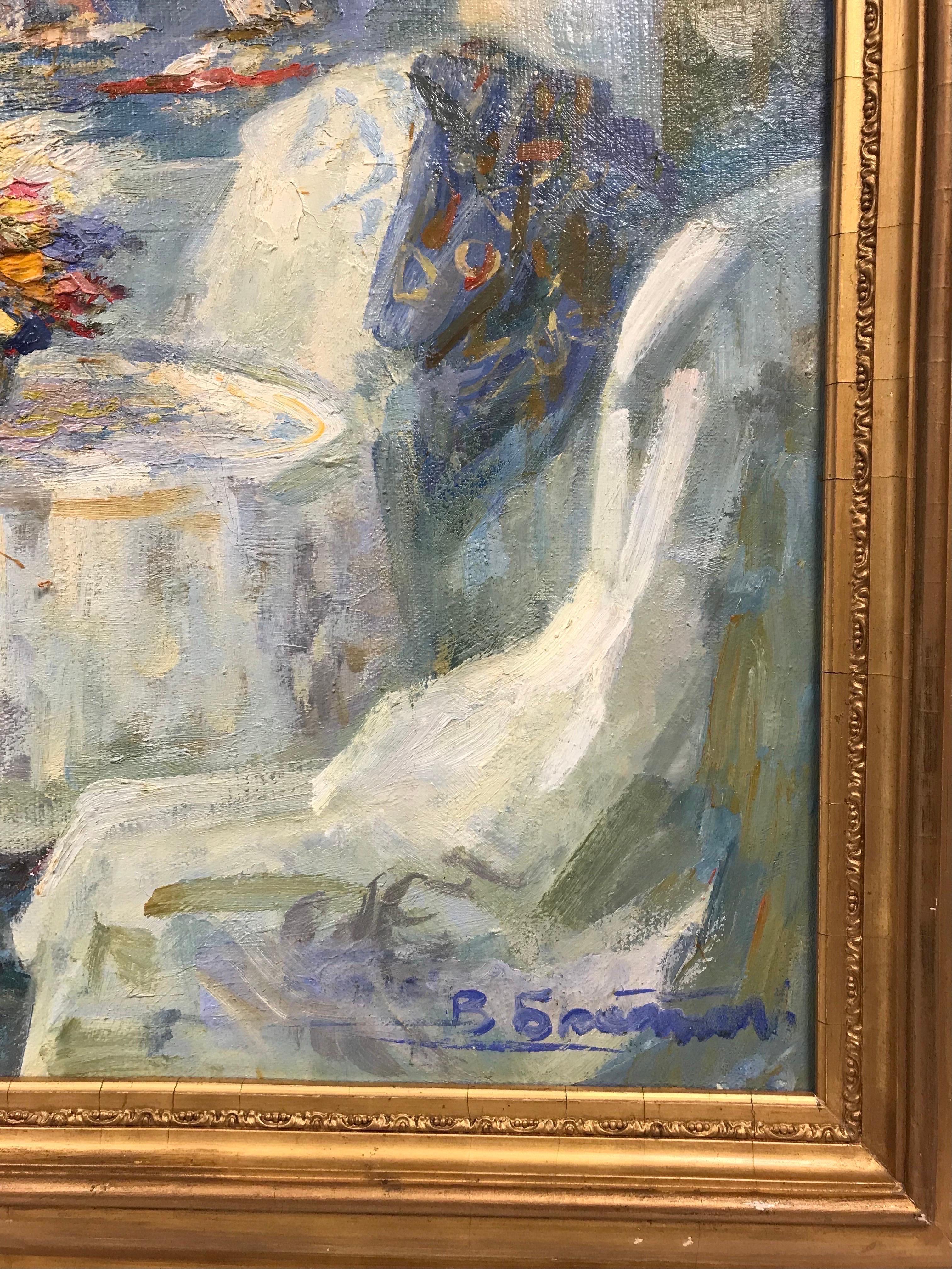 Signed European Impressionist Oil Painting - Elegant Lady on Coastal Terrace 1