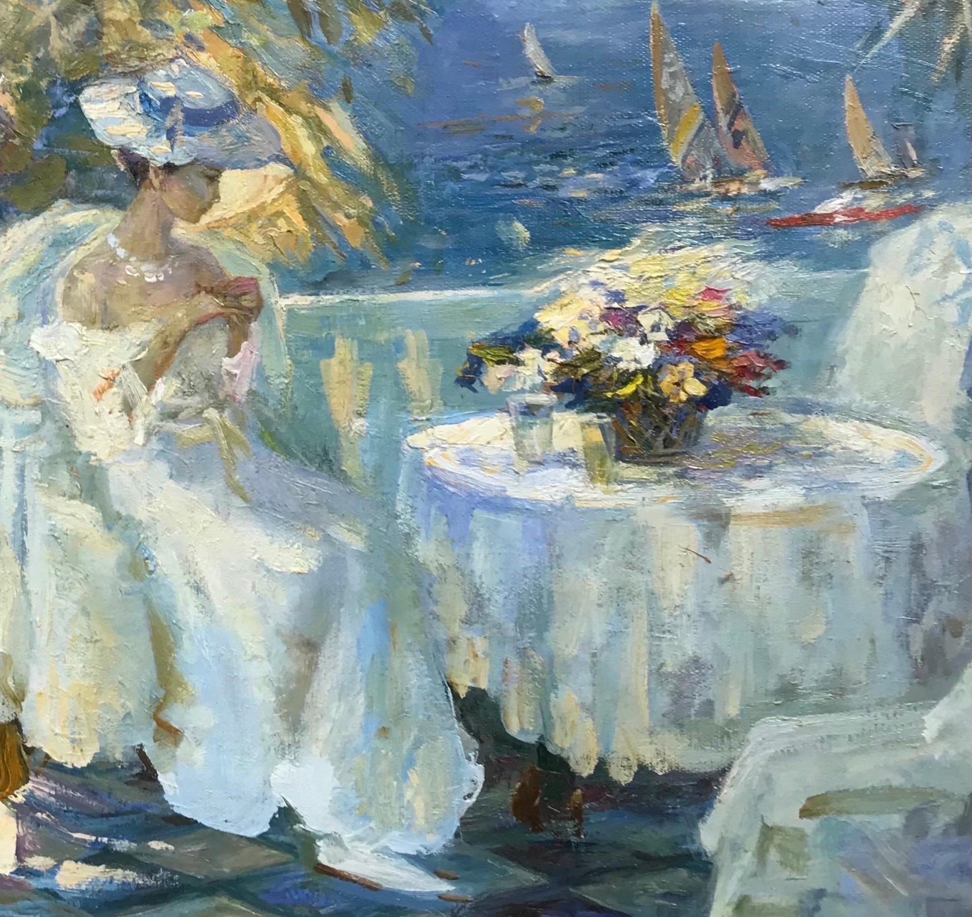 Signed European Impressionist Oil Painting - Elegant Lady on Coastal Terrace For Sale 2