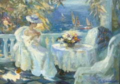 Signed European Impressionist Oil Painting - Elegant Lady on Coastal Terrace